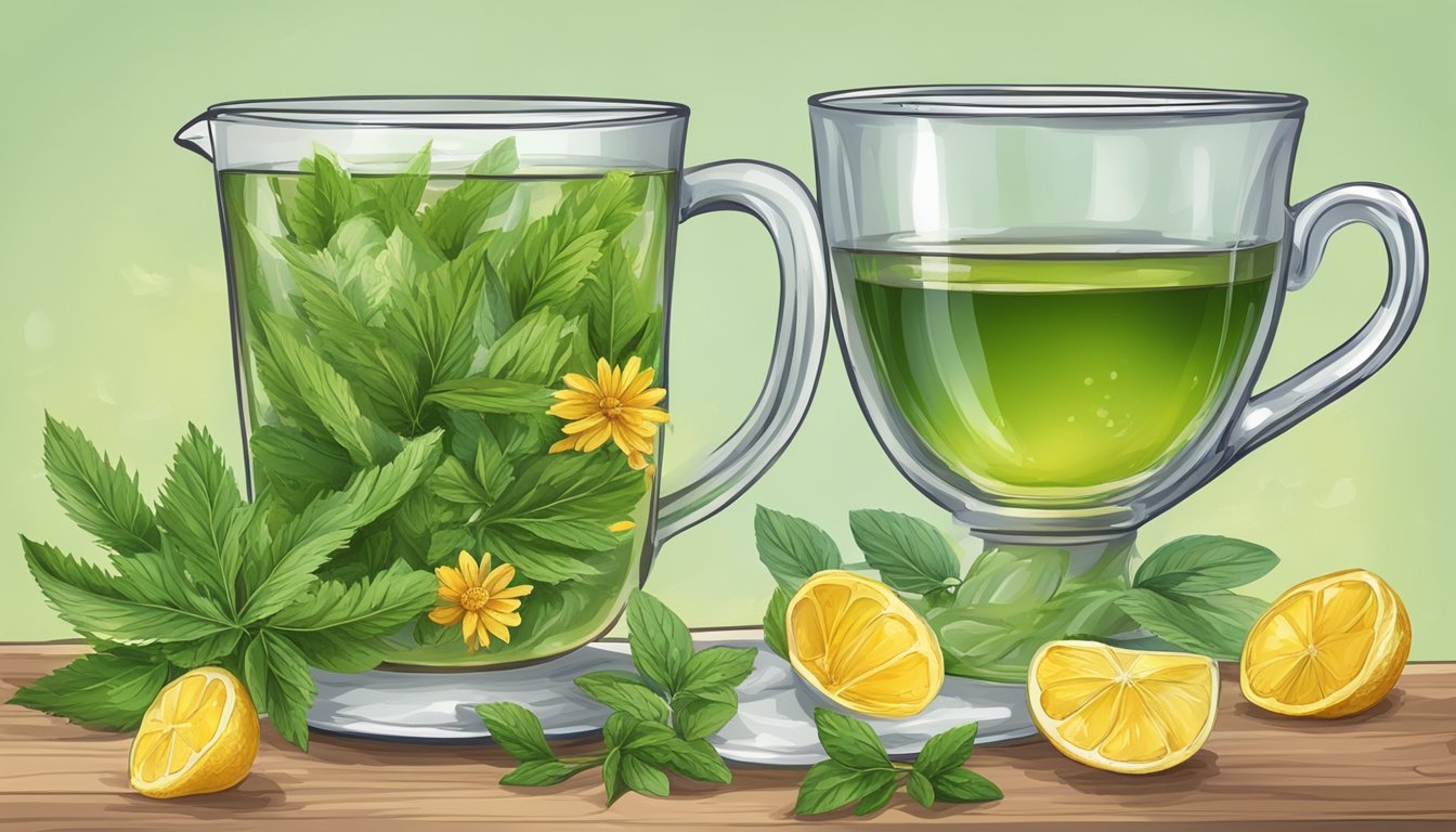 Illustration of a glass pitcher and cup filled with green tea, set on a wooden table. The pitcher contains green tea leaves and a yellow flower. The table is adorned with scattered lemon wedges and mint leaves. The scene is set against a light green background.
