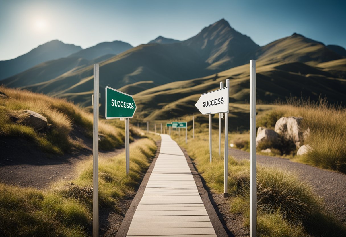 A digital illustration of a success pathway through the mountains.