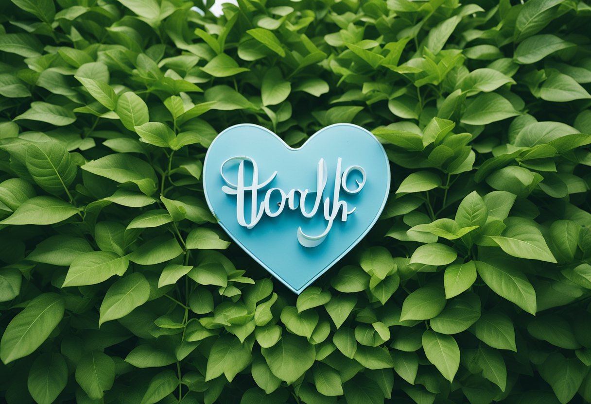 A digital illustration of A blue heart with some writing set in a plant wall
