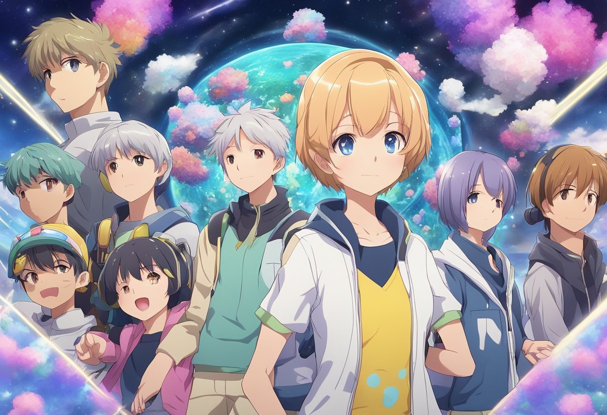 A digital anime of a team of med students looking heroic with clouds and a depiction of earth in th ebackground