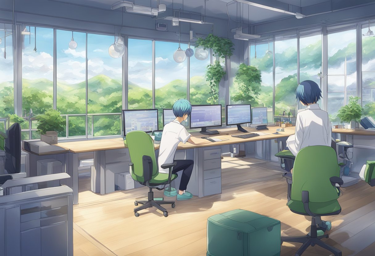 A digital illustration of two medical professionals working on the computers.
