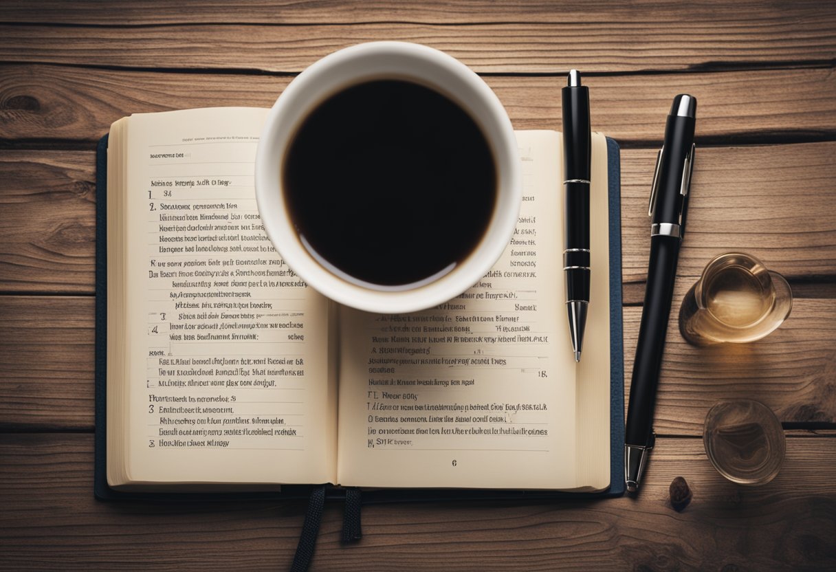 Open Bible with a coffee cup and two black pens laying on top of it - overhead view.