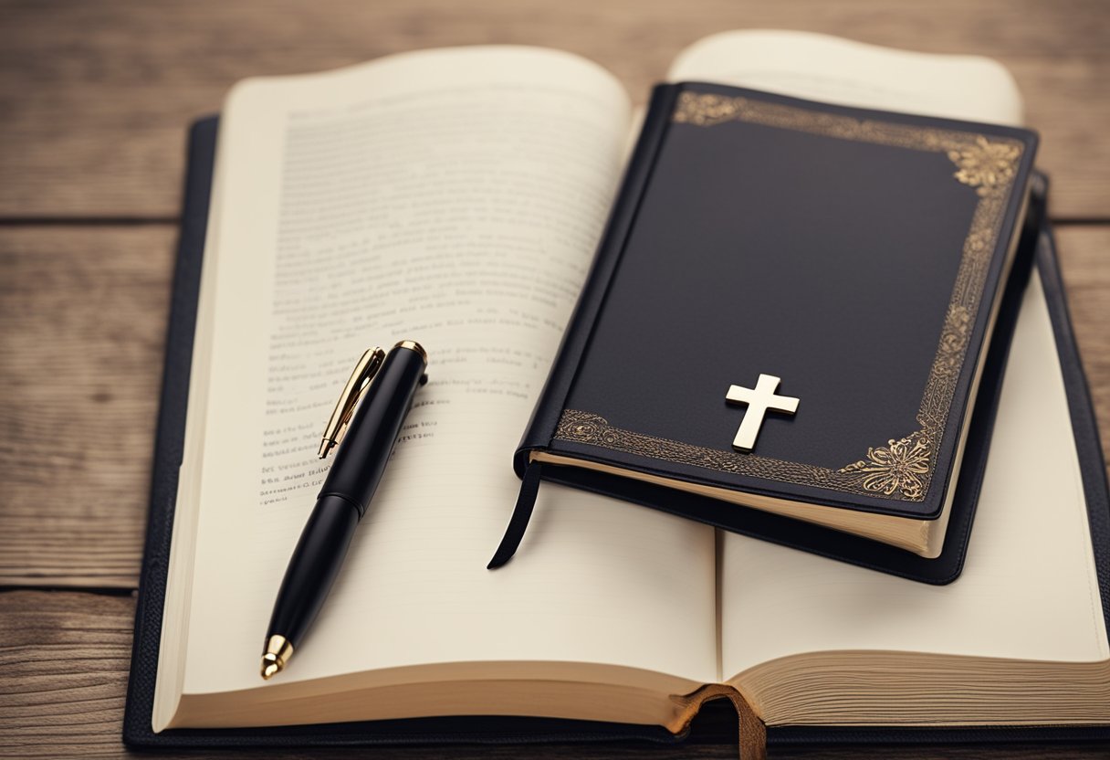 Open Bible with notebook with a cross on the cover and a black pen.