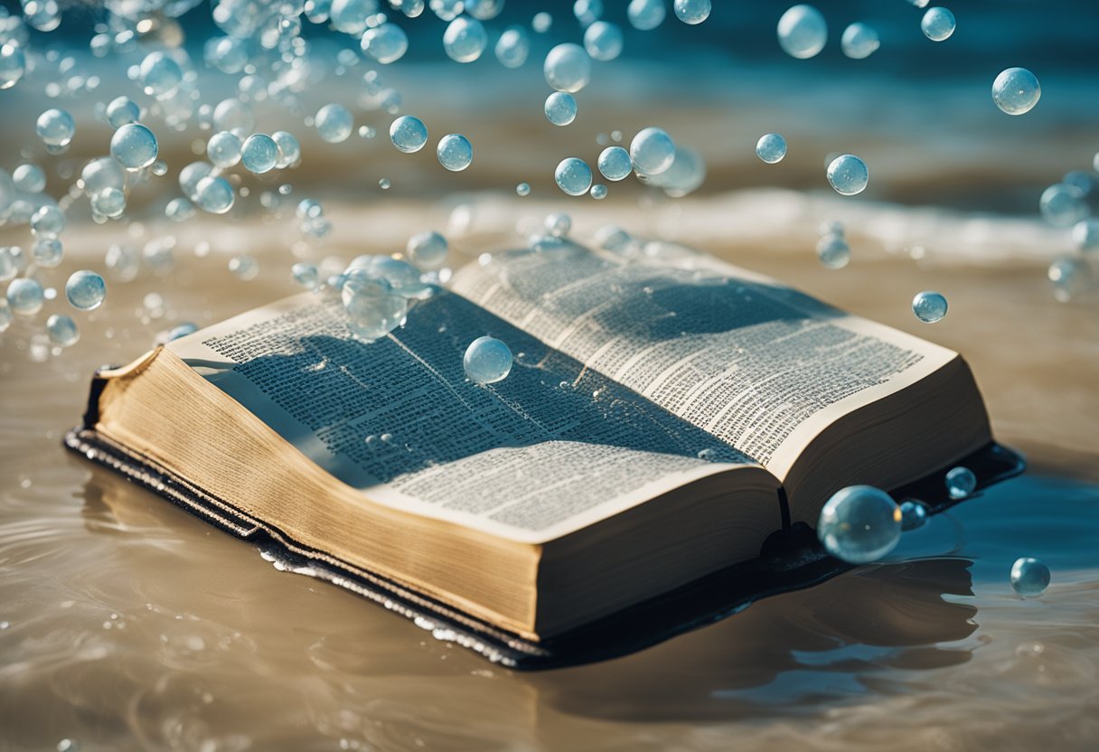 Open Bible laying on top of water with water droplets falling all around.