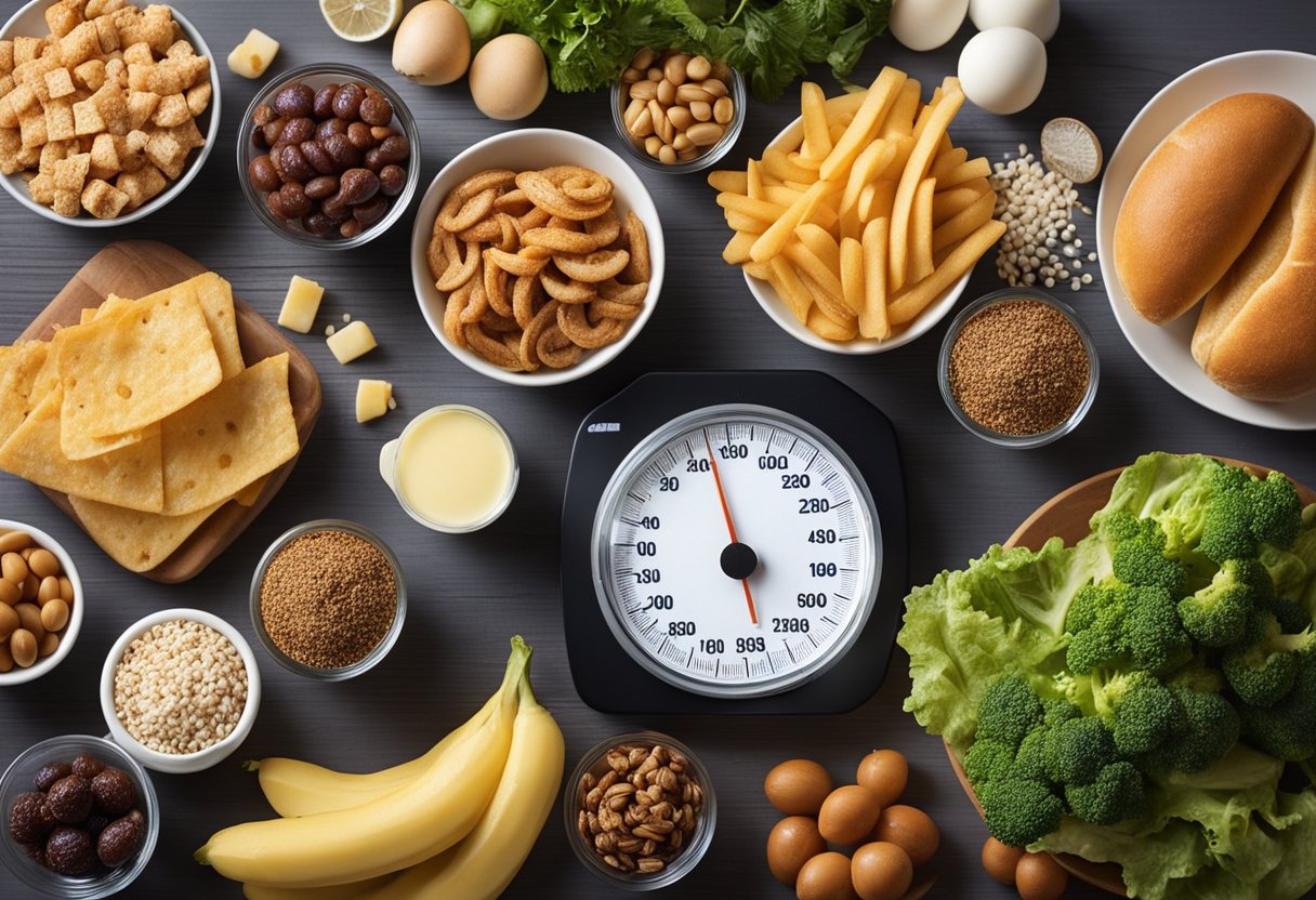 A realistic photo of many different grains, nuts, eggs, cheeses, fruit, vegetables, and starches. 