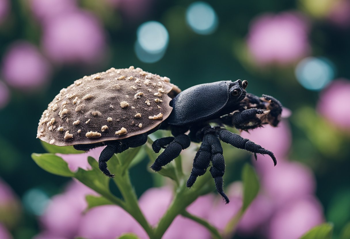 A realistic photo of a crab like creature on a some plants.