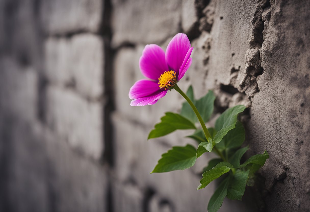 A realistic digital photo of a pretty flower growing out of a gray stone wall.