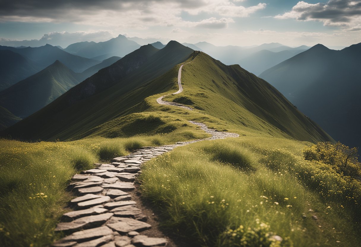 A realistic digital photo of a mountain ridgeline with a stone walk path tracing down the middle.