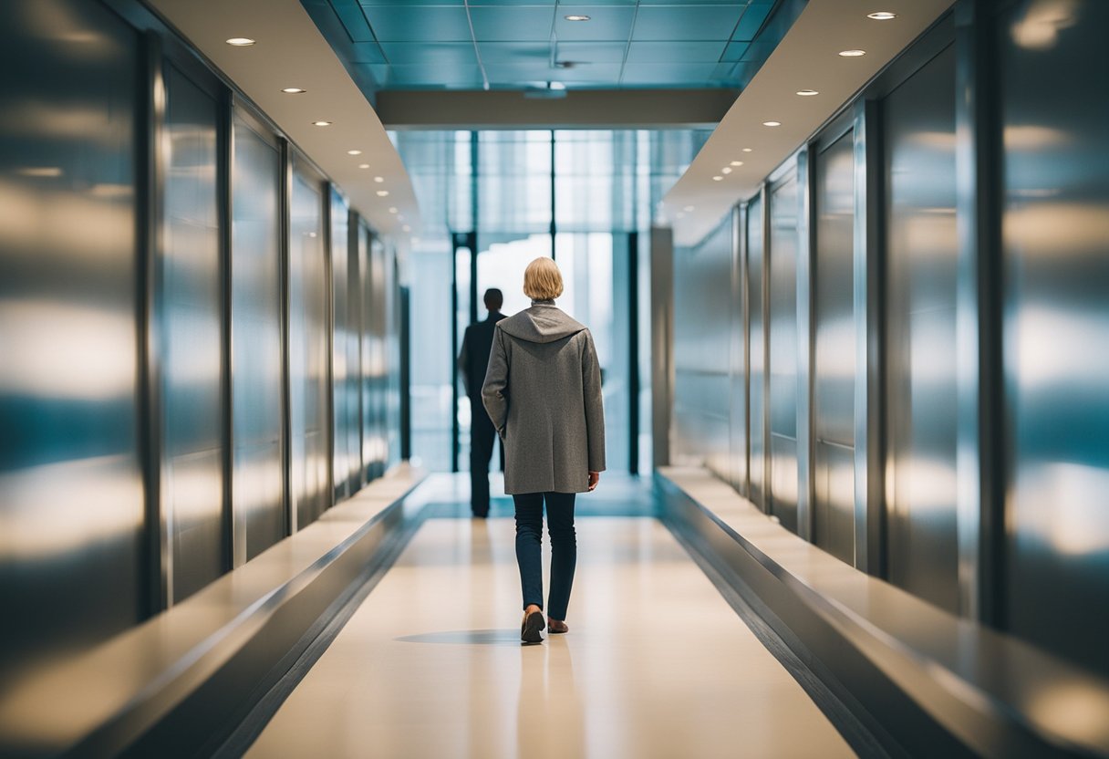 A realistic digital photo of a person walking down a hallway