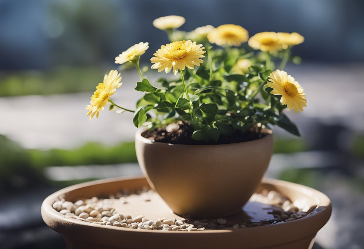 A realistic digital photo of a pot of yellow flowers soaking up the sun.