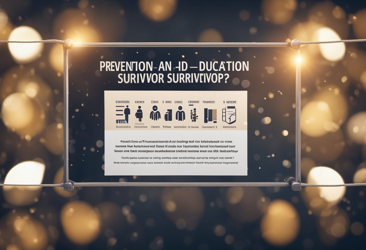 A realistic digital photo of a sign that reads Prevention education,and survivor