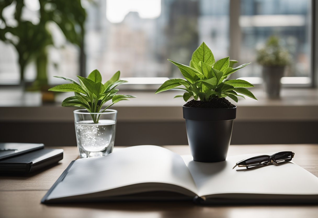 A realistic digital photo of two plants on a dest in the sun along with a notebook and glasses