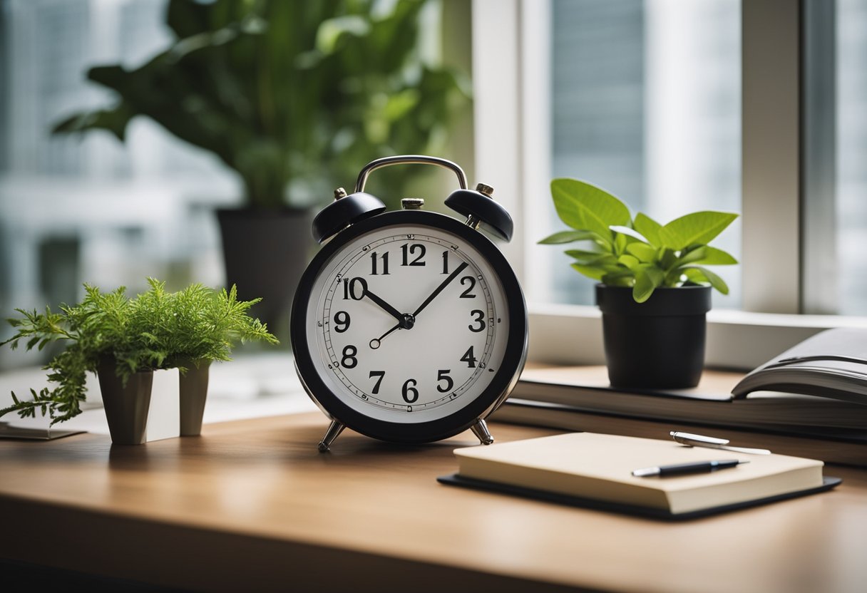 A realistic digital photo of a alarm clock on a dest with plants and a notebook.