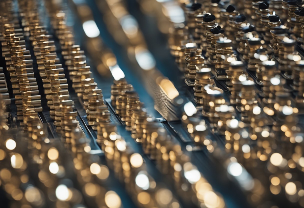 A realistic photo of gold coins looking through a kaleidoscope. 