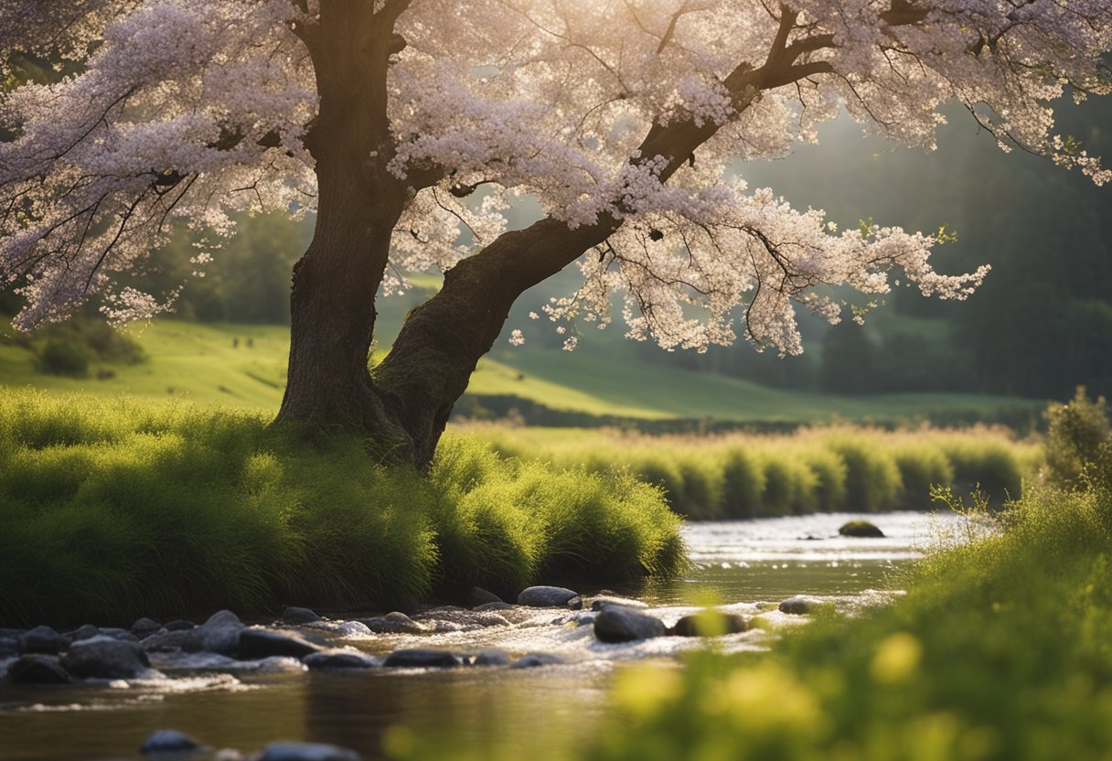 A realistic photo of a blooming tree over a gental creek