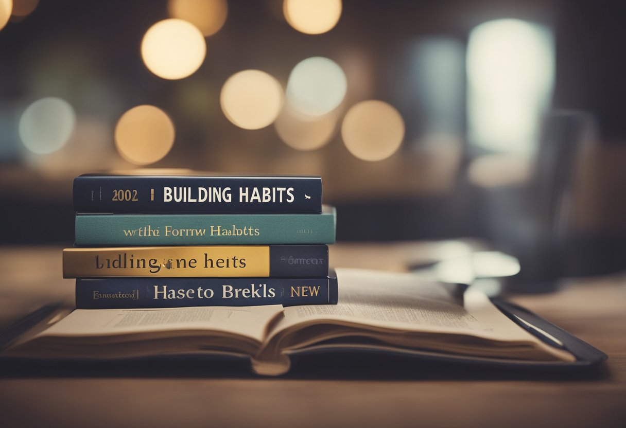 A realistic digital photo of a table of books about building habits