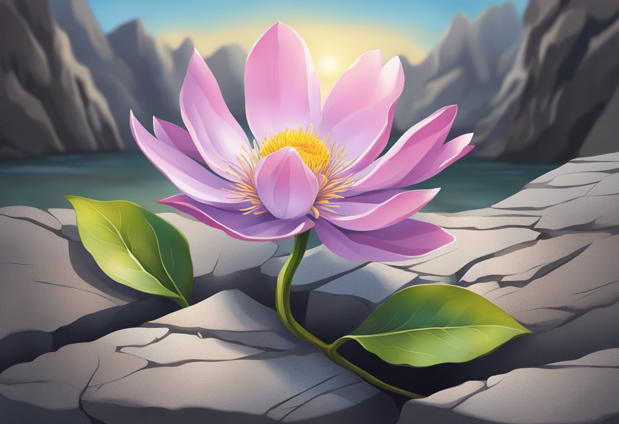 A digital illustration of a pretty flower growing out of a dry and barren environment