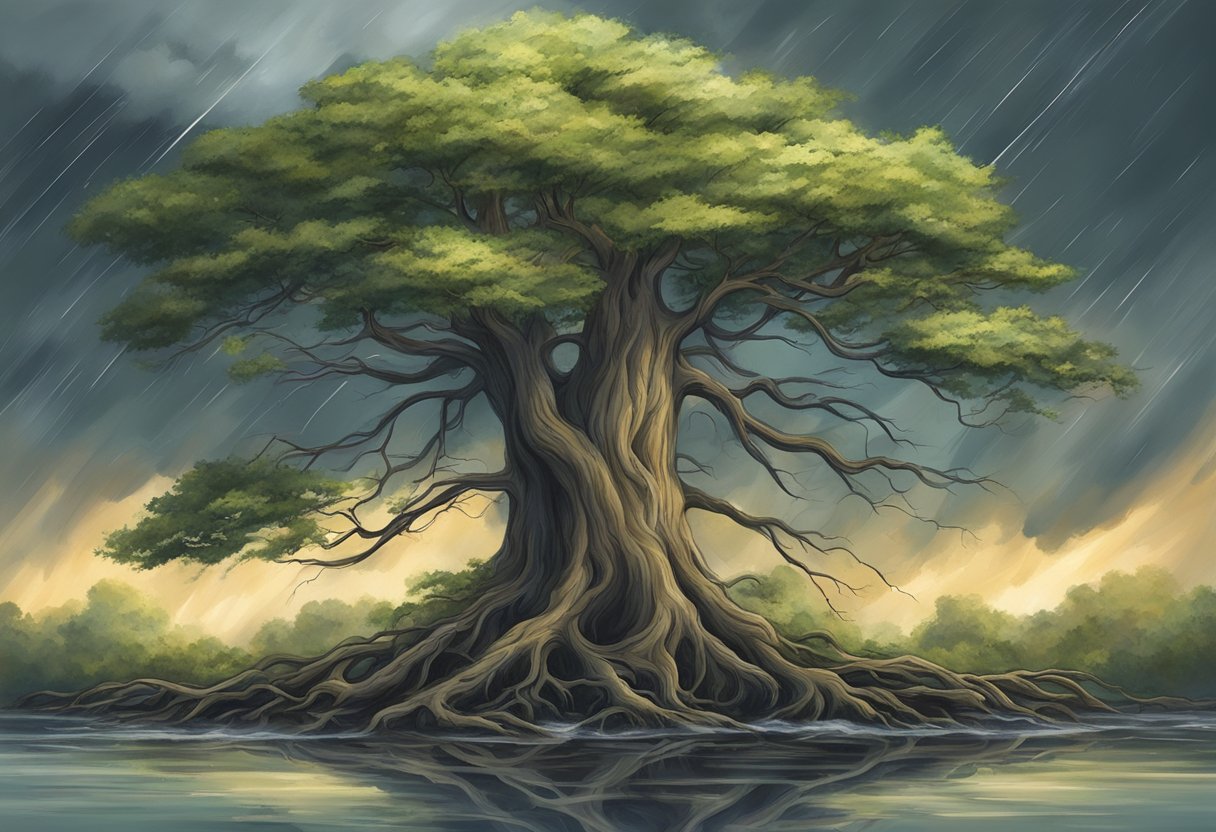 A digital illustration of a strong old tree in the rain.