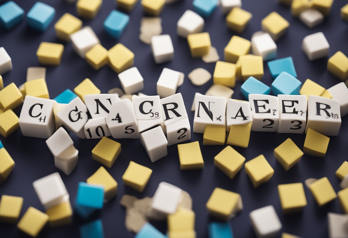 A Digital illustration of blue, yellow, and white cubes with the middle white cubes showing words and numbers