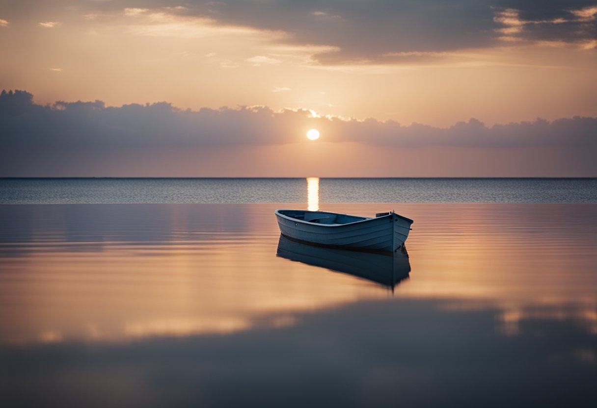 A digital photo of a boat in calm seas with the sun directly sunsetting in the background