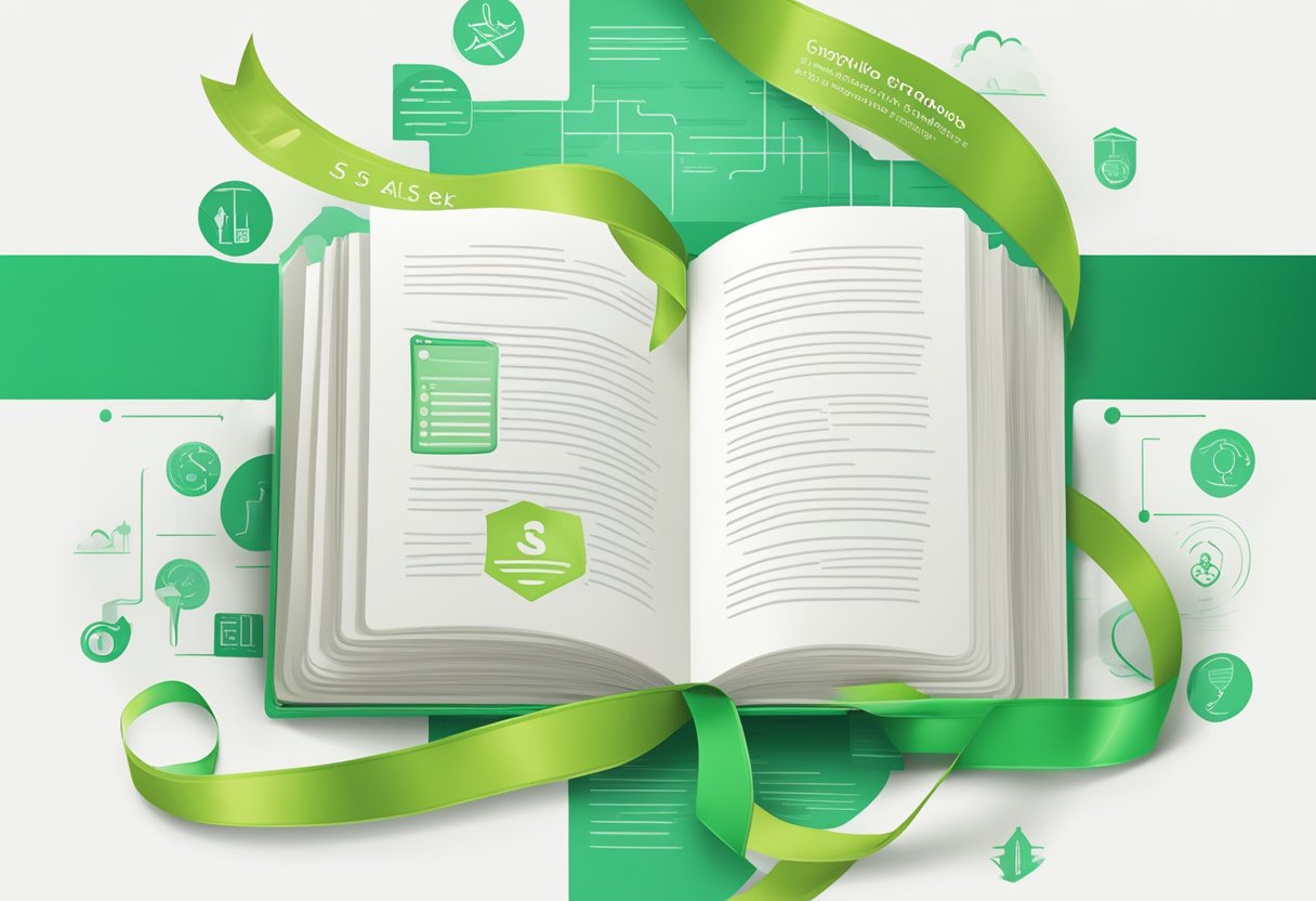A digital illustration of an open book with ribbons in lime green.