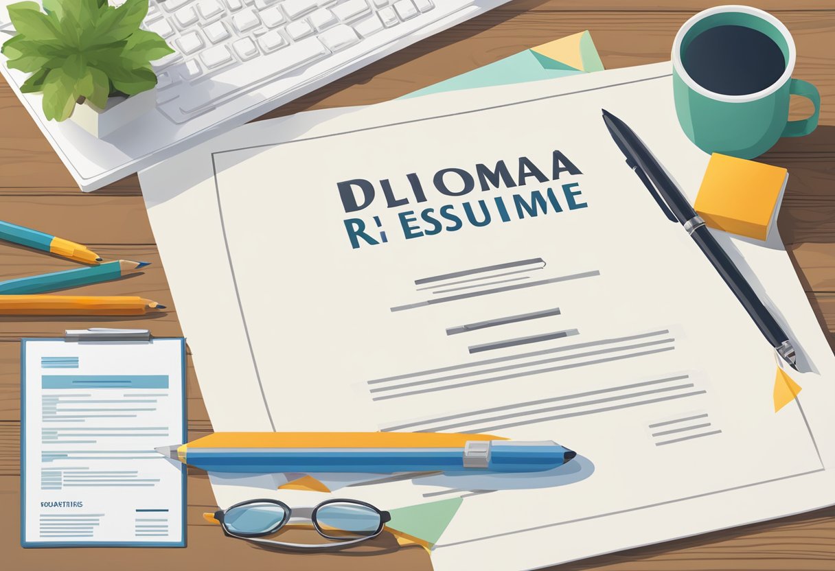 A digital intermeration of a diploma/resume on a computer desk with pens and pencils