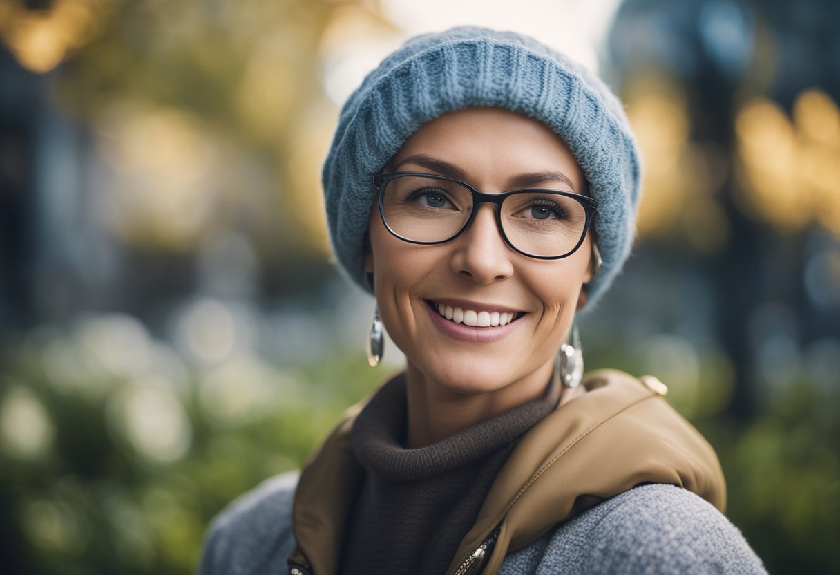 A digital photo of a smiling woman with glasses and a beanie.