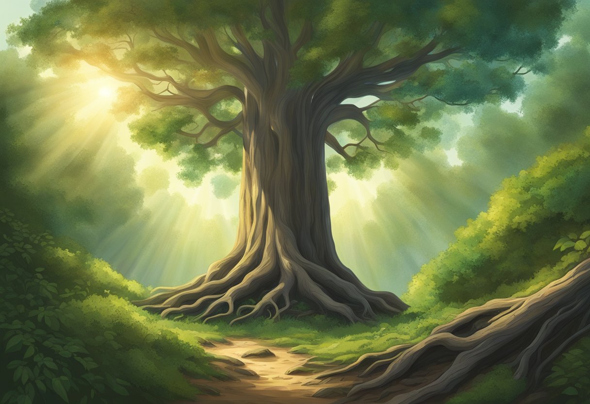 A digital illustration of a large old tree with big roots