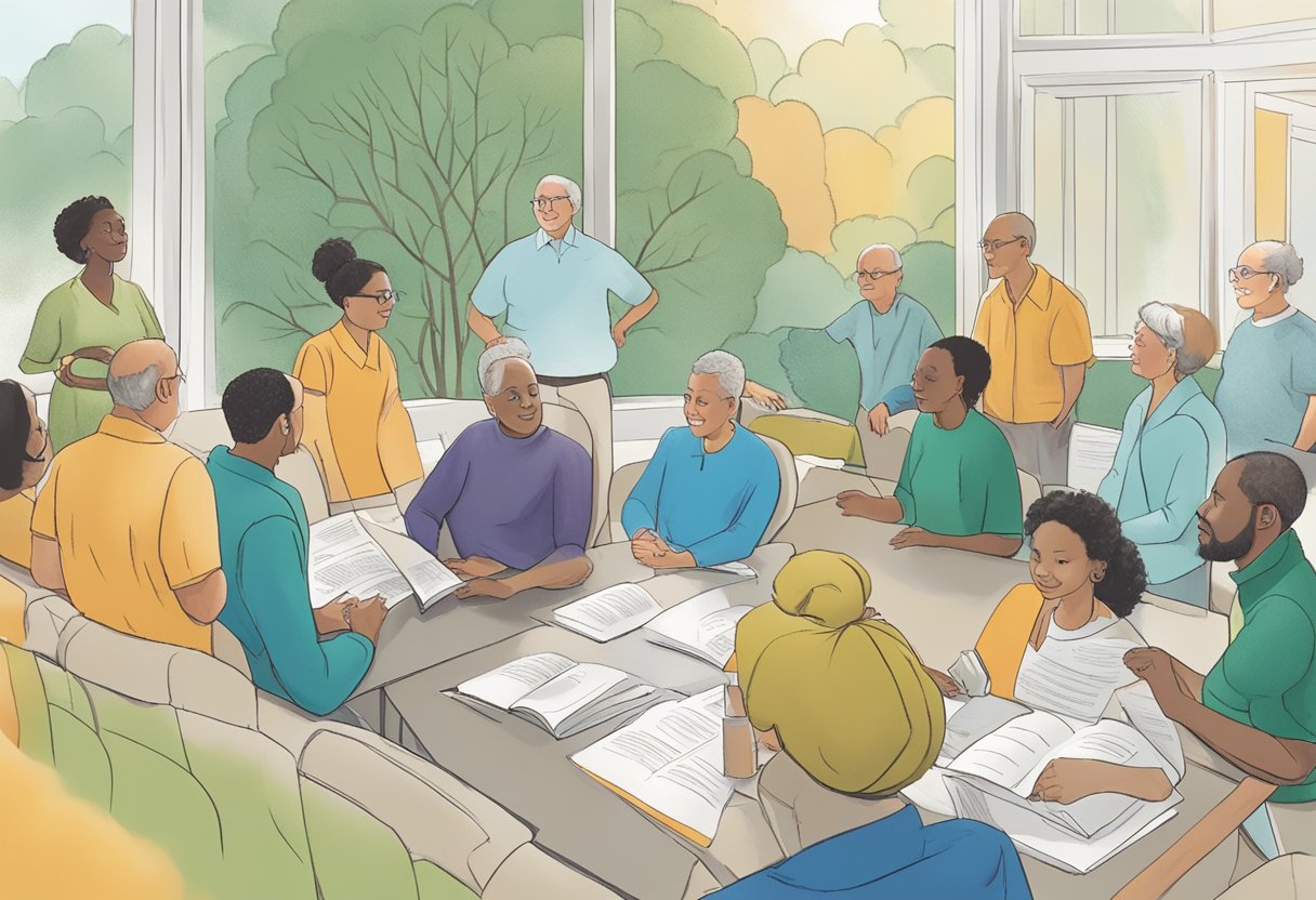 A digital illustration of a group meeting in a gently sun filled room.