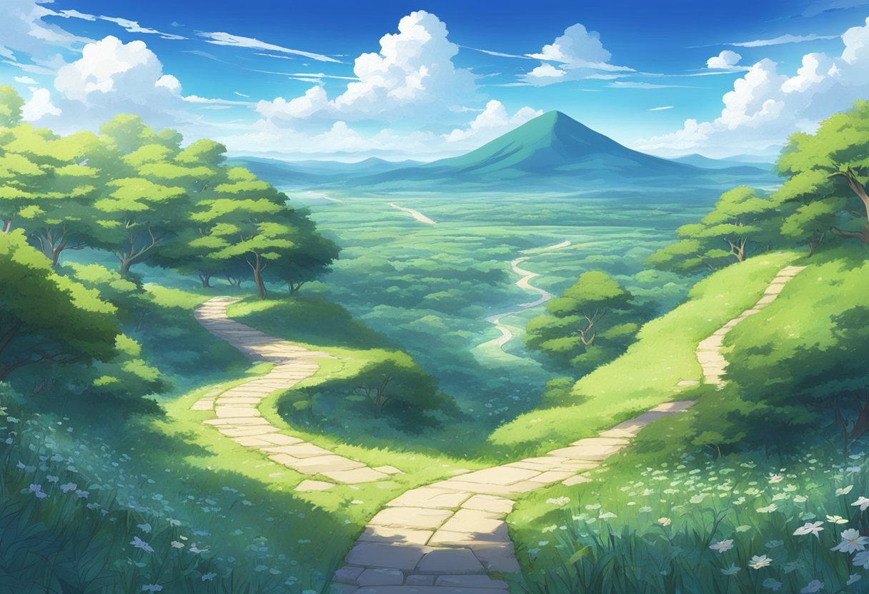 A digital landscape illustration of a mountain and valley with a stone walking path.