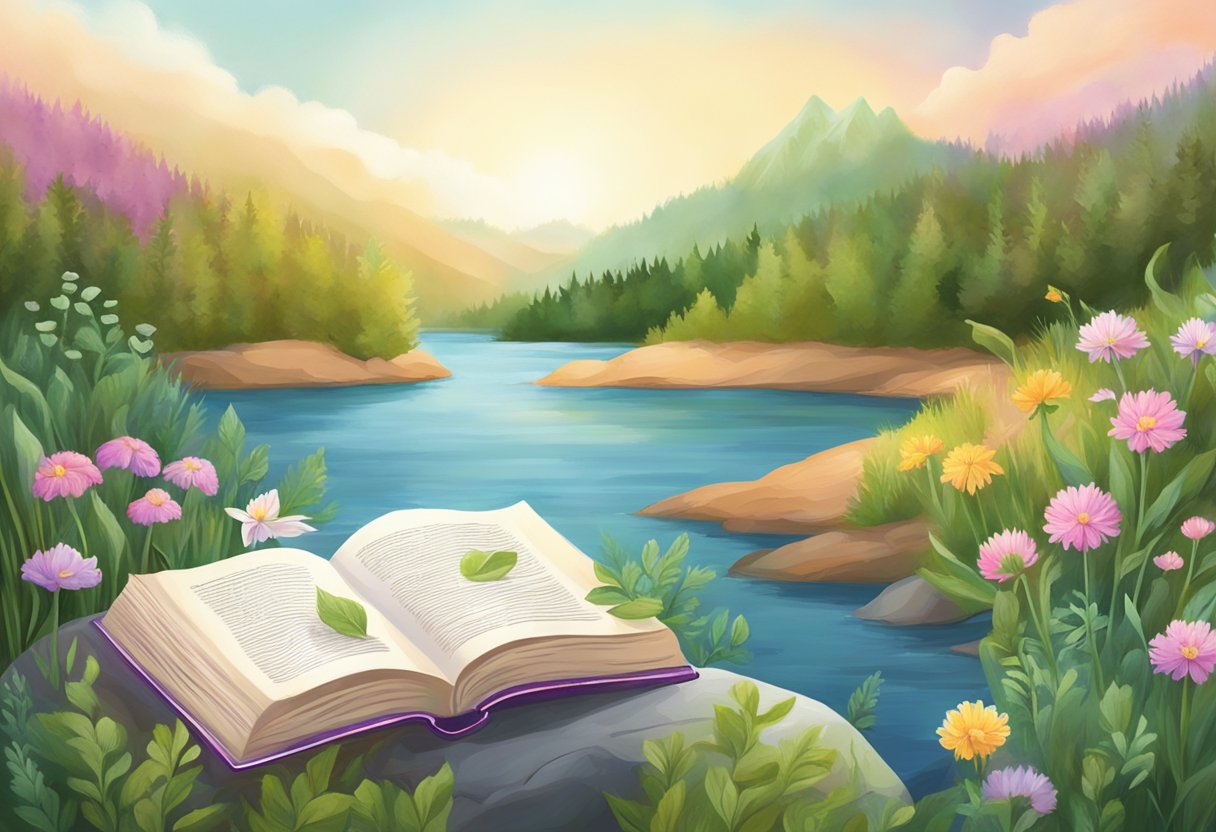 A digital illustration of an open book on a rock surrounded by flowers on a lake in the mountains.