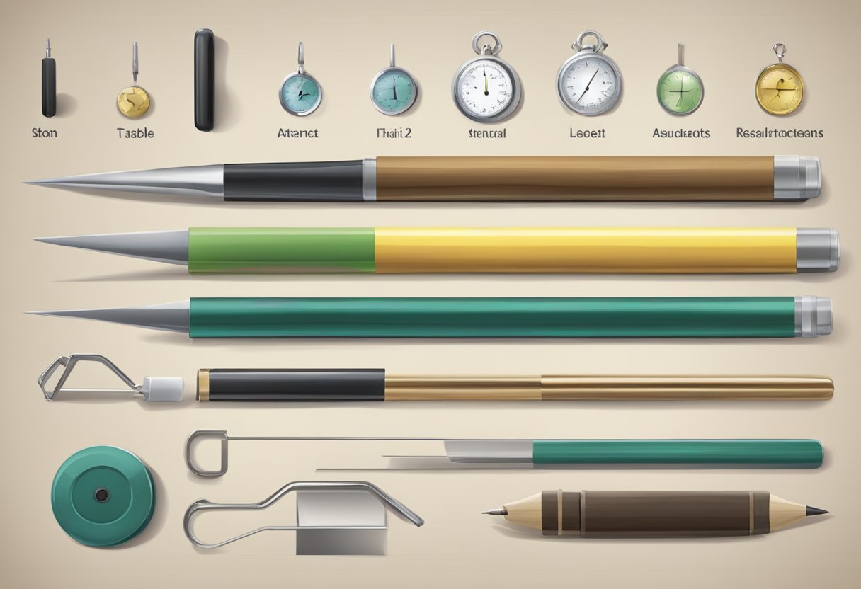 A digital illustration of writing tools and clocks