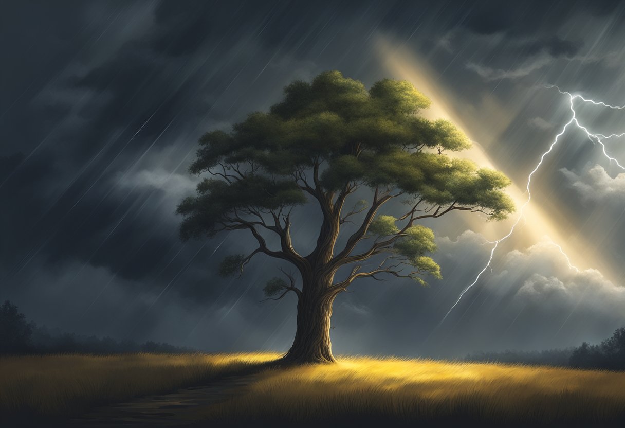 A digital illustration of a strong old tree alone in a field during a thunderstorm with a beam of sun casting its light upon it leaves. 