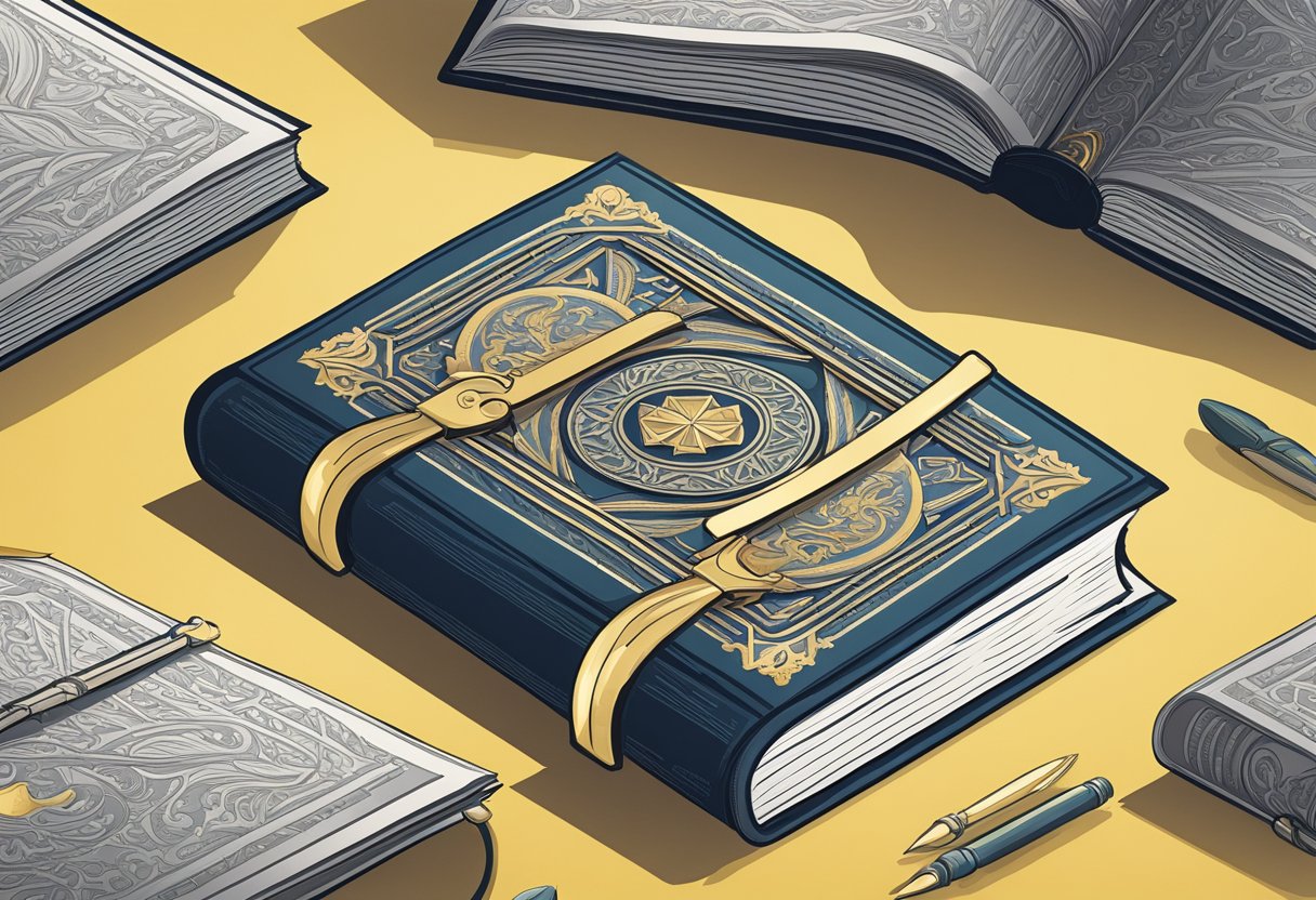 A digital illustration of a table of books with the emphasis on the center book.
