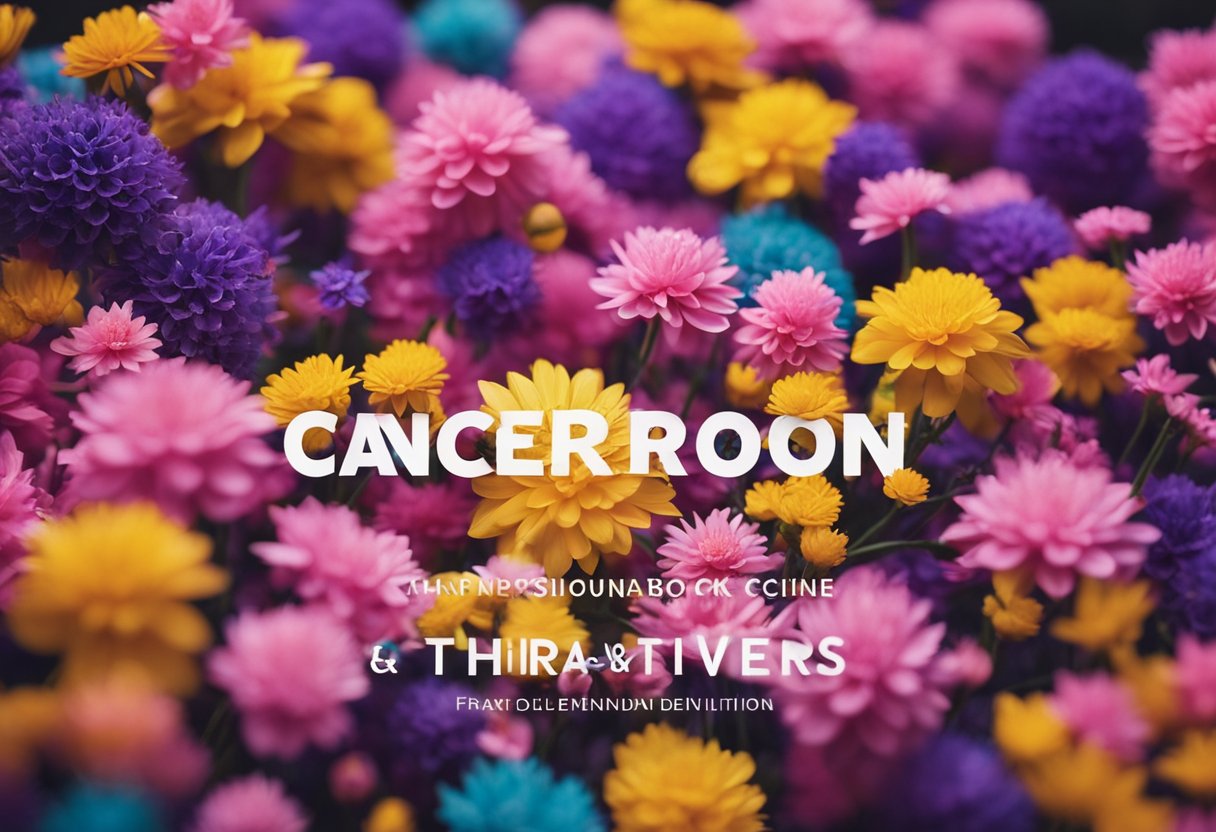A realistic digital illustration of a picture full of short leif flowers with the text "cancer roon"