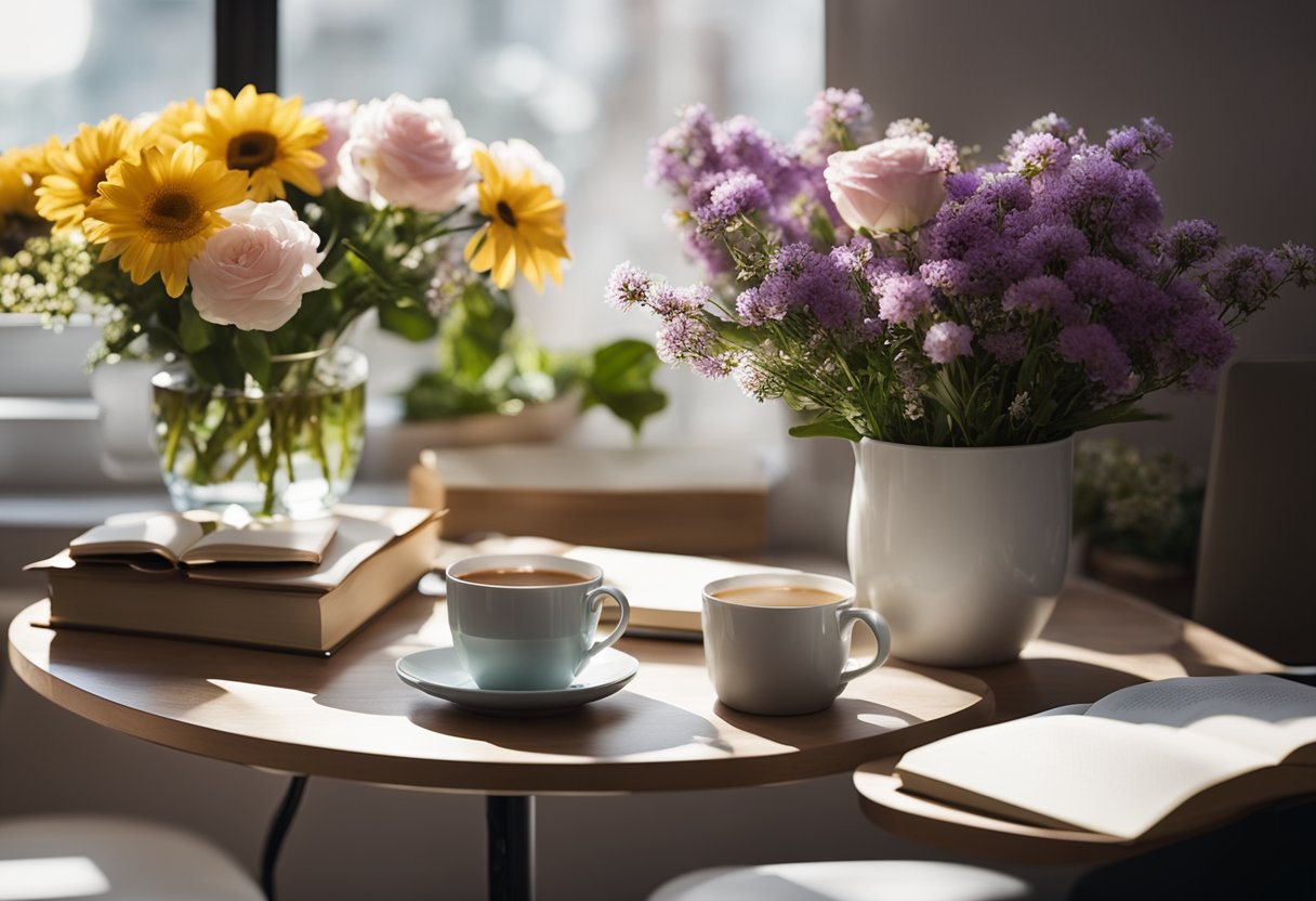 A realistic digital illustration of 2 espresso's on a table with books and flowers in a warm sunlit room