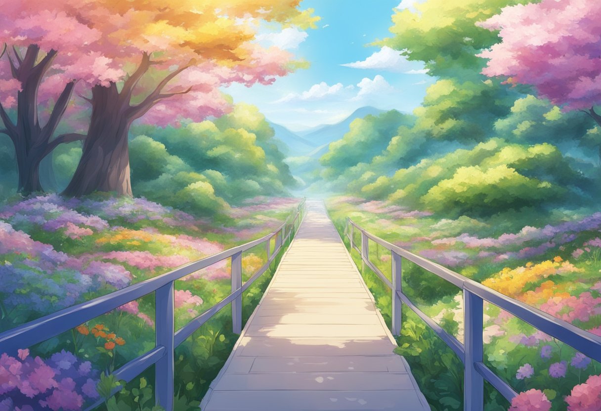A digital Illustration of a walking path with rails through a colorful forest.
