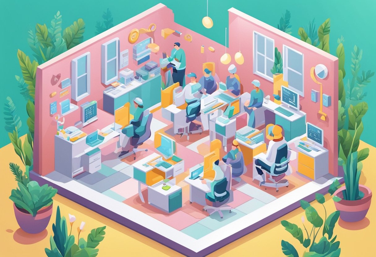 A digital illustration of a staged office with people doing busy work