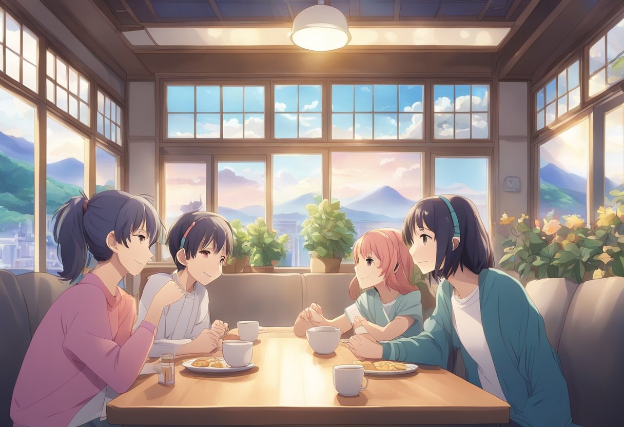 A digital anime of 4 women, sitting in a booth over breakfast and coffee