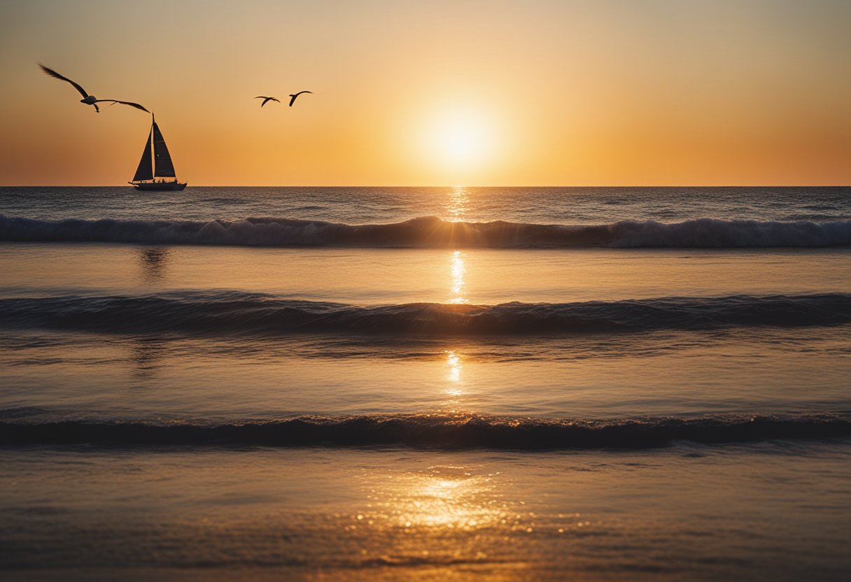 A realistic digital illustration of a sail boat on the ocean just off the coast at sunset