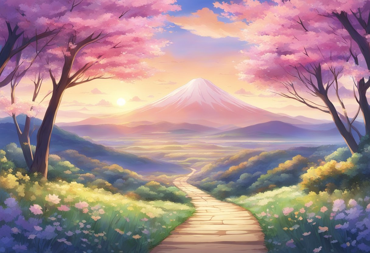 A digital anime of a walking path through a colorful forest during sunset overlooking a snow capped mountain.