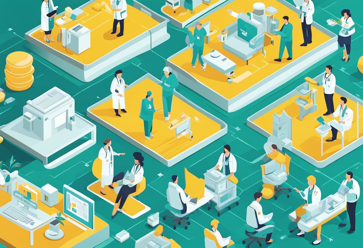 A digital illustration of doctors and patients in a compartmentalized environment