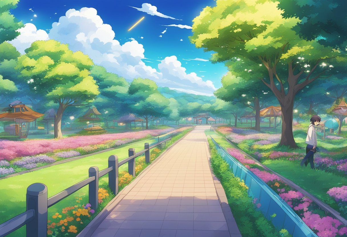 A digital anime of a well manicured municipal park
