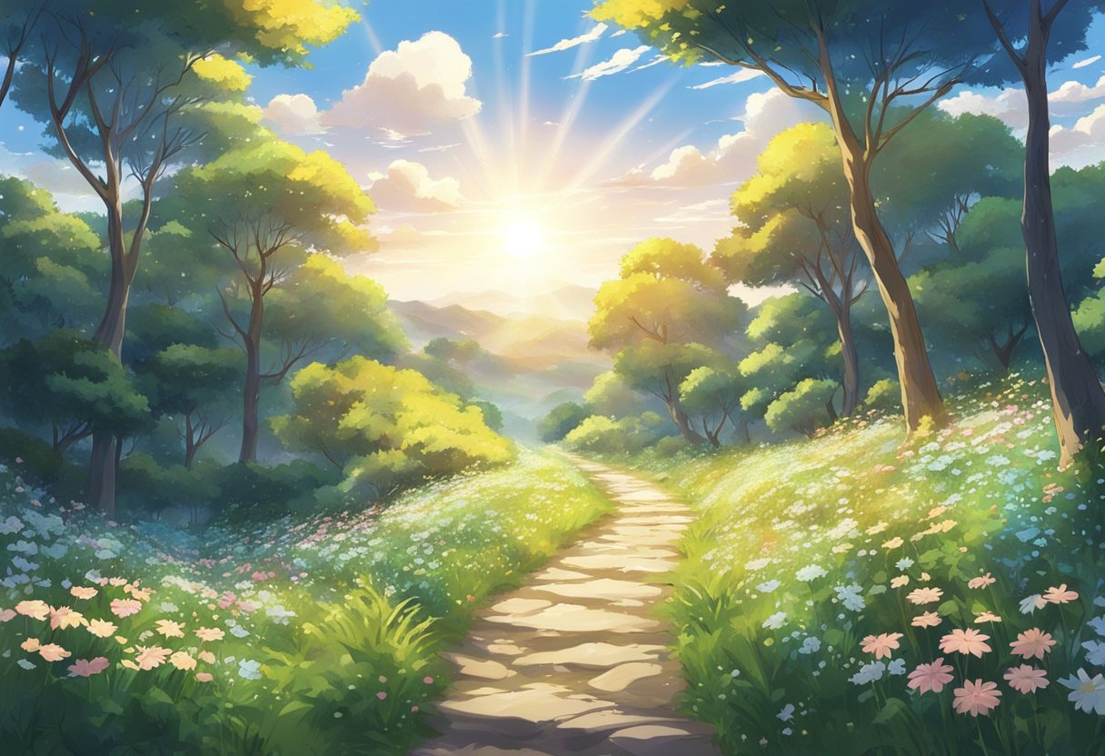 A digital Anime of a stone path through a foriest with floweres during sunset.