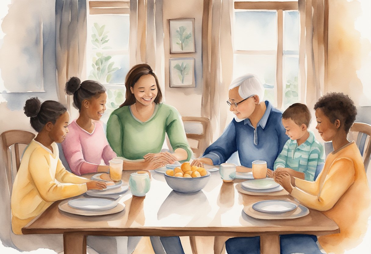A digital watercolor illustration of a family enjoying a meal at the dining table.