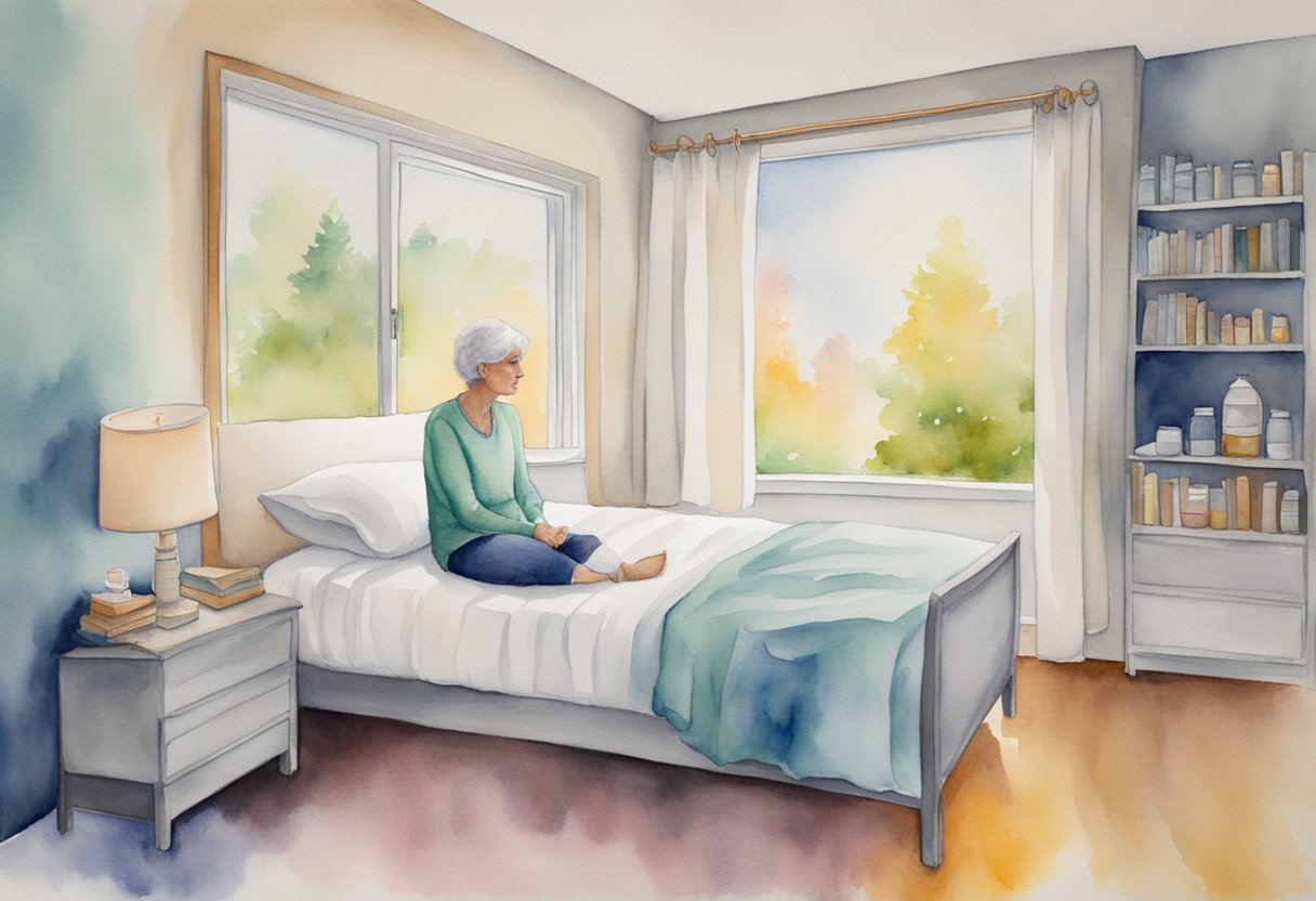 A digital watercolor illustration of a lady patient sitting up in her bed