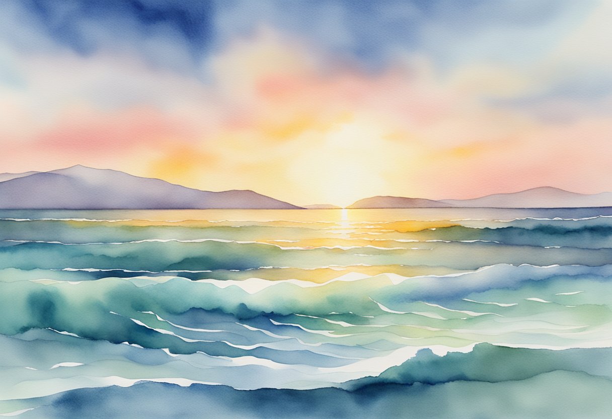 A digital watercolor illustration of an ocean at sunset with mountain in the background