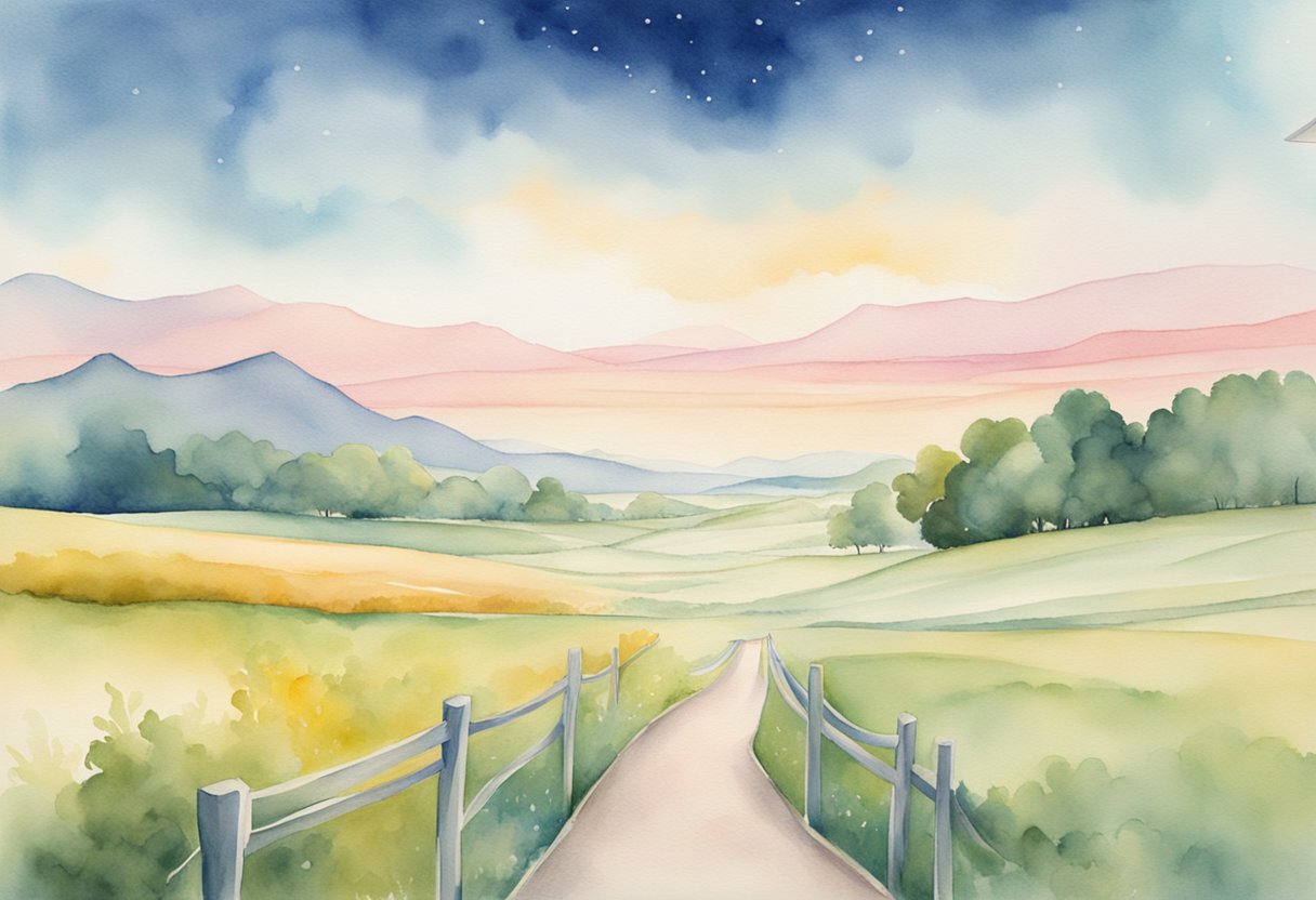 A digital watercolor illustration of rolling green hills with a fences pathway at dusk