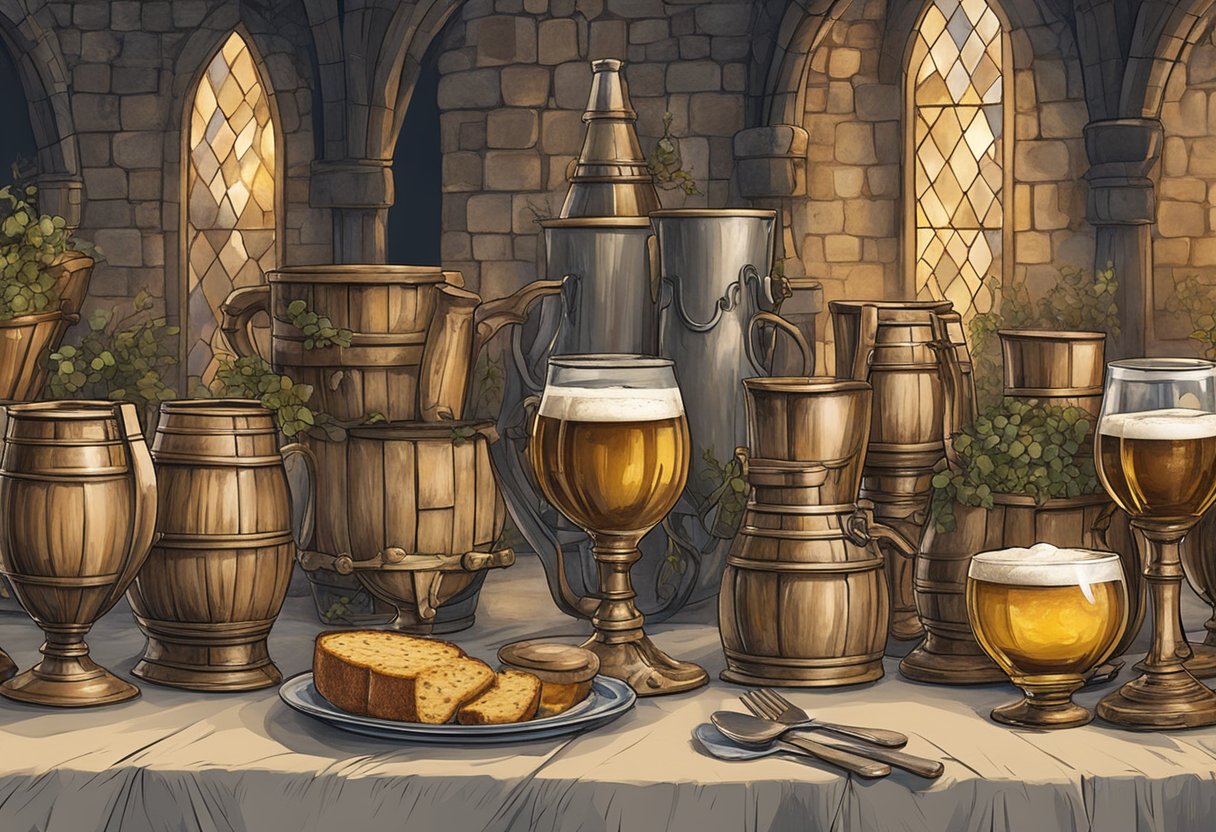 Drawing of goblets of mead and beer on a wooden table in a medieval setting.