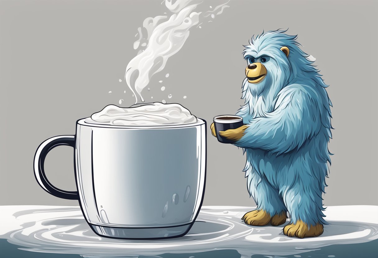 cartoon of a yeti holding a coffee mug, looking at a large coffee cup about half its size